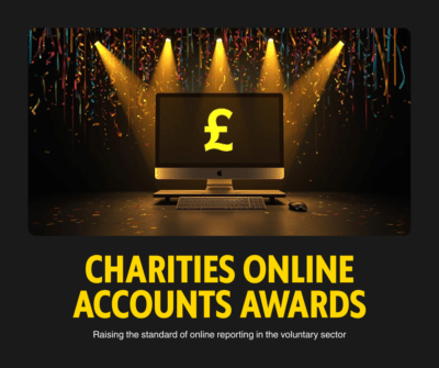 Charities Online Accounts Awards - a pound sterling sign on a computer screen, surrounded by spotlights and tickertape