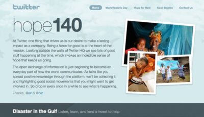 Screenshot of Hope140, Twitter's social good offshoot