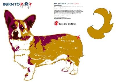 Save the Children's Born to Party print out for the Royal Wedding, with an illustration of a corgi dog.