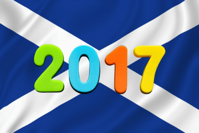 2017 in coloured numerals on top of the Scottish flag