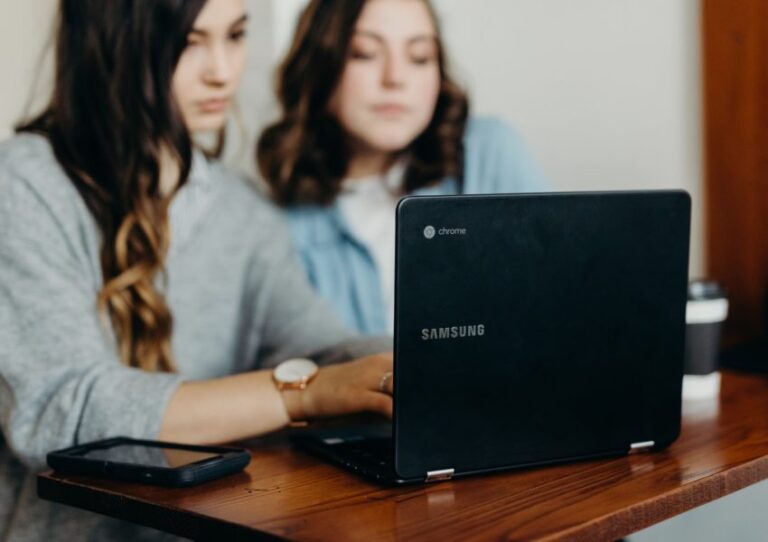 Two young women with long hair sitting at a desk looking at a laptop.