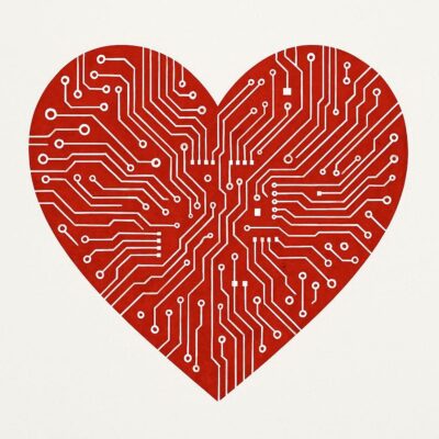A red digital heart illustration, suggesting technology for good.