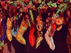 Christmas stockings with floral decorations. Photo: Howard Lake