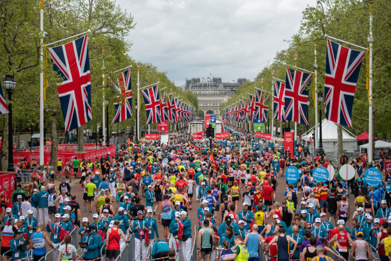 The Mall, London, packed with Virgin Money London Marathon runners