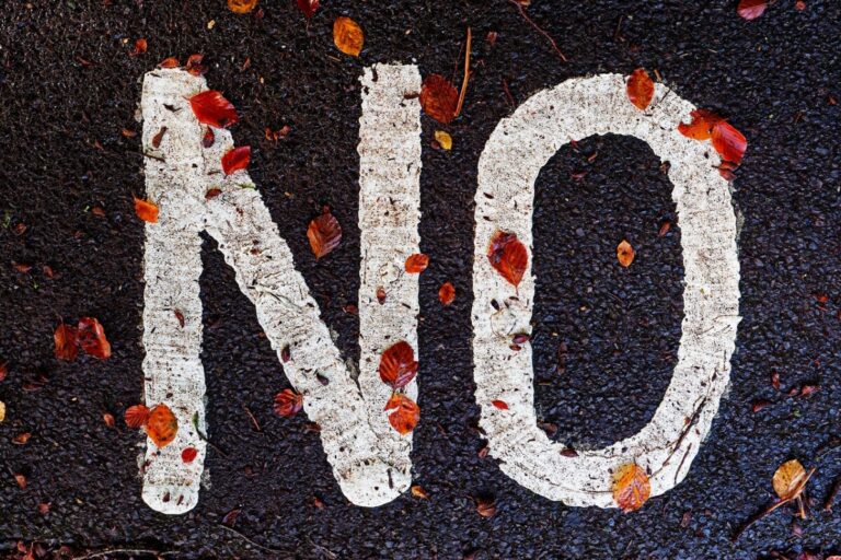 The word no, painted in white on a road with autumn leaves