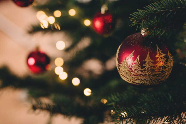 A red christmas bauble with gold trees on it sits on a christmas tree with more in the background