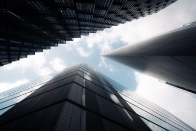 Looking up at London skyscrapers