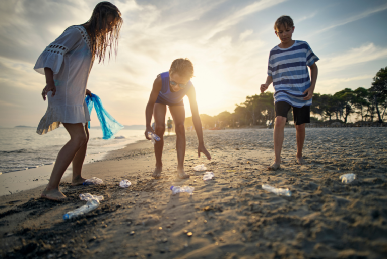 People pick up litter on a beach as the sun sets