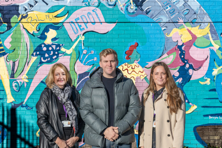 City Hospice's Amanda Fenton and Daisy Magill with Depot's Nick Saunders