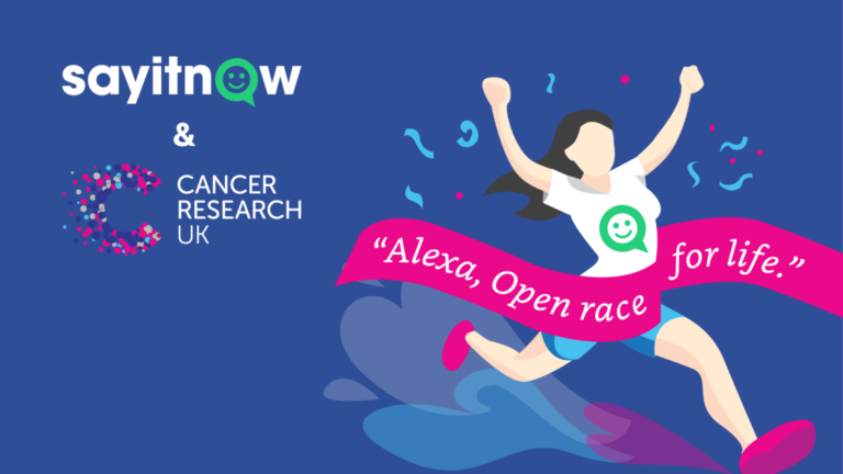 A banner showing an illustration of a Cancer Research UK Race for Life runner bursting through a banner saying 'Alexa, Open Race for Life