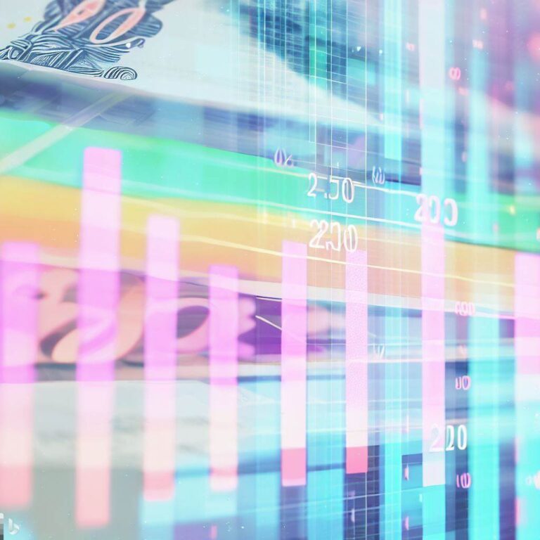 £20 note combined with pastel-coloured bar charts and streams of data. Made by Howard Lake with Bing.