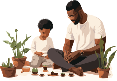 A father with glasses sits cross-legged next to his son as they look at potted plants of all shapes and sizes, learning about gardening.