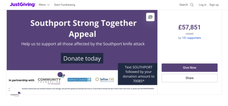 A screenshot of a fundraising appeal for those affected by the Southport attack.