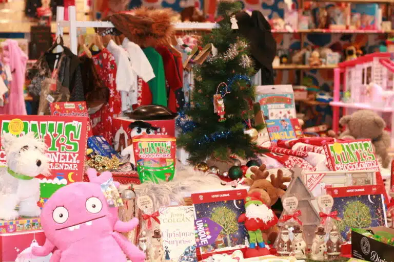 a christmas display of toys and books at Oxfam Manchester Superstore. Credit Oxfam