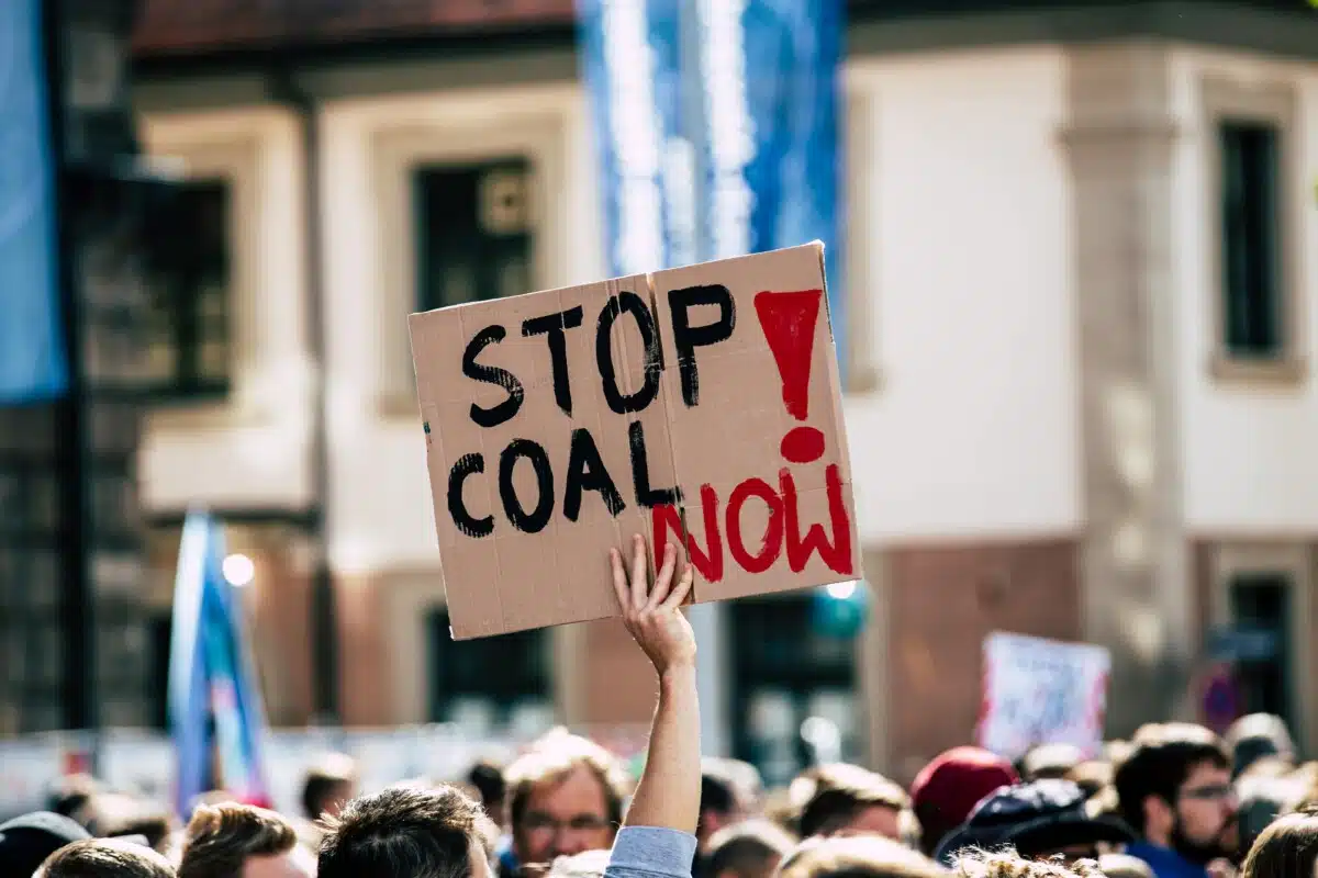 A hand amongst a crowd of people holds up a cardboard sign reading 'stop coal now!' By Marcus Spiske on pexels