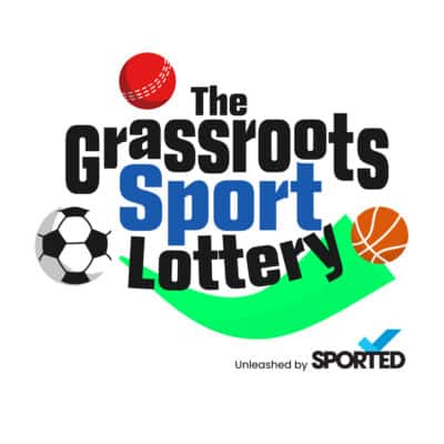 The Grassroots Sport Lottery logo. With a football, cricket ball and basketball around the text. 'Unleased by SPORTED' in the bottom right corner.
