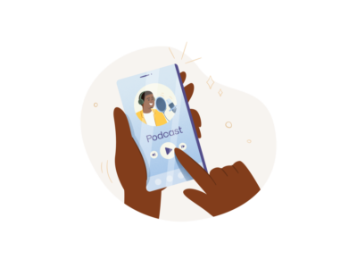 Podcast on mobile phone, in a woman's hands. From BlackIllustrations.com