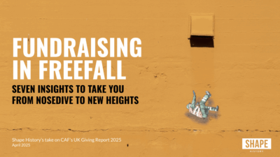 Fundraising in Freefall. Cover of Shape History's analysis of CAF's report on giving.