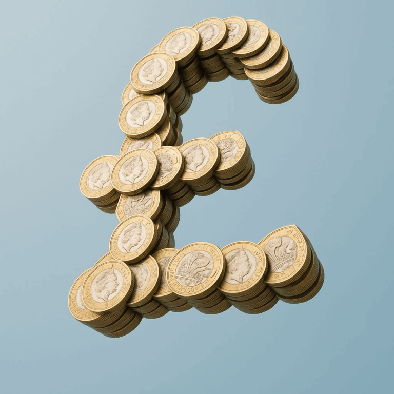 A pound sterling sign made up of £1 coins. Created using AI.