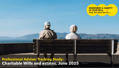 Remember a Charity - Professional Advisers Tracking Study, Charitable Wills and estates, June 2025. Rear view of an older man and woman sitting on a bench.