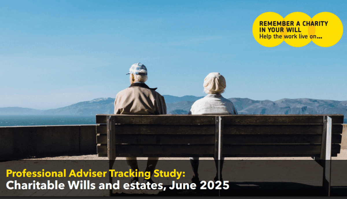 Remember a Charity - Professional Advisers Tracking Study, Charitable Wills and estates, June 2025. Rear view of an older man and woman sitting on a bench.