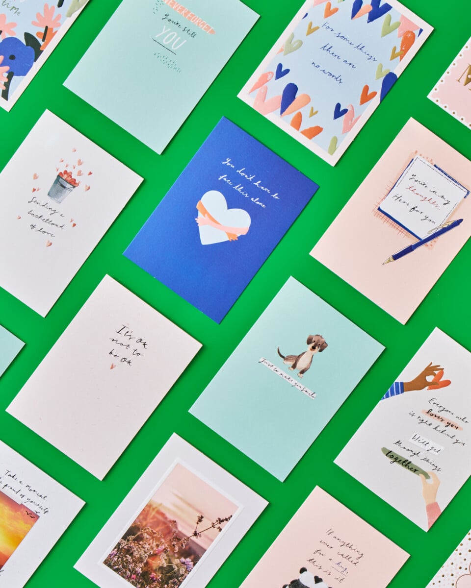 Greetings cards from cardfactory for Macmillan, pictured in a series of columns side-by-side