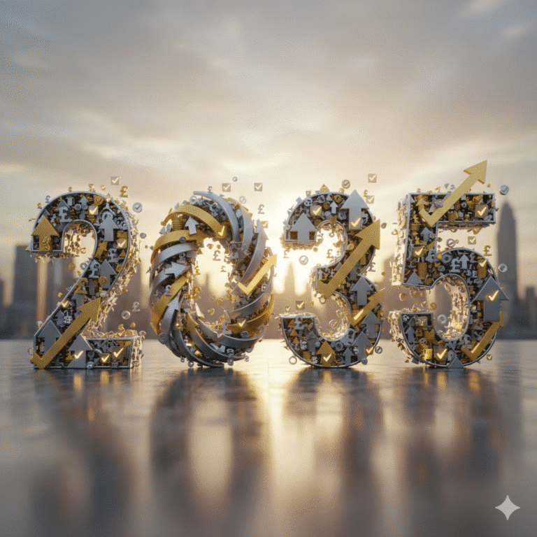 The year 2035 against an urban background. Positive symbols on the numbers suggest financial growth and success.