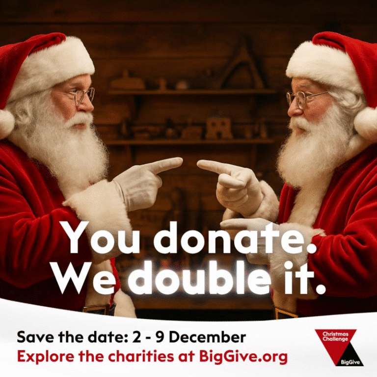 You donate. We double it. AI image of two Father Christmases pointing at each other. Save the date - 2-9 December. Explore the charities at BigGive.Org