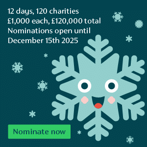 12 days, 120 charities, £1,000 each. Nominate now button, next to an illustration of a snowflake with a smiling face