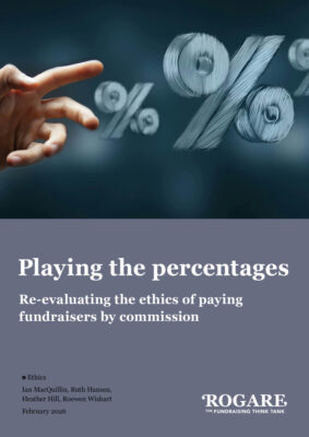 Playing the Percentages - Rogare publication cover. A hand grasps for large per cent icons in mid-air.